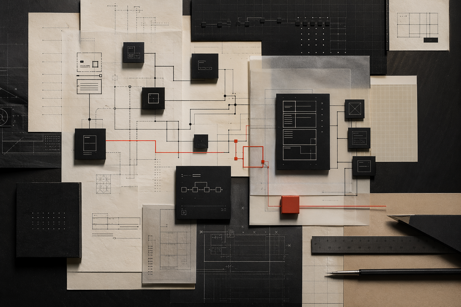 Composição técnica representando estratégia, arquitetura, implementação e evolução