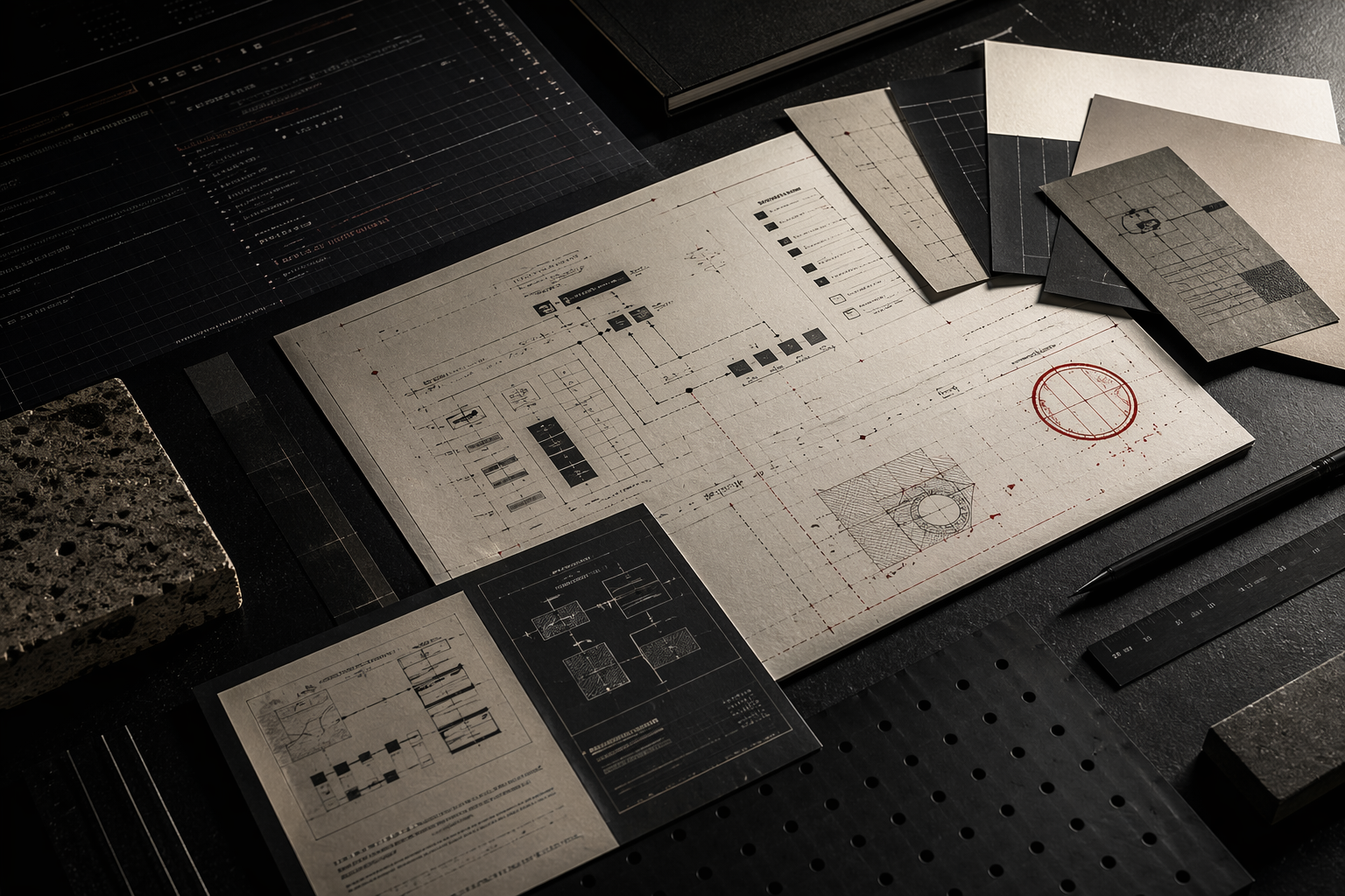 Mesa técnica com documentação de arquitetura para conversa de projeto