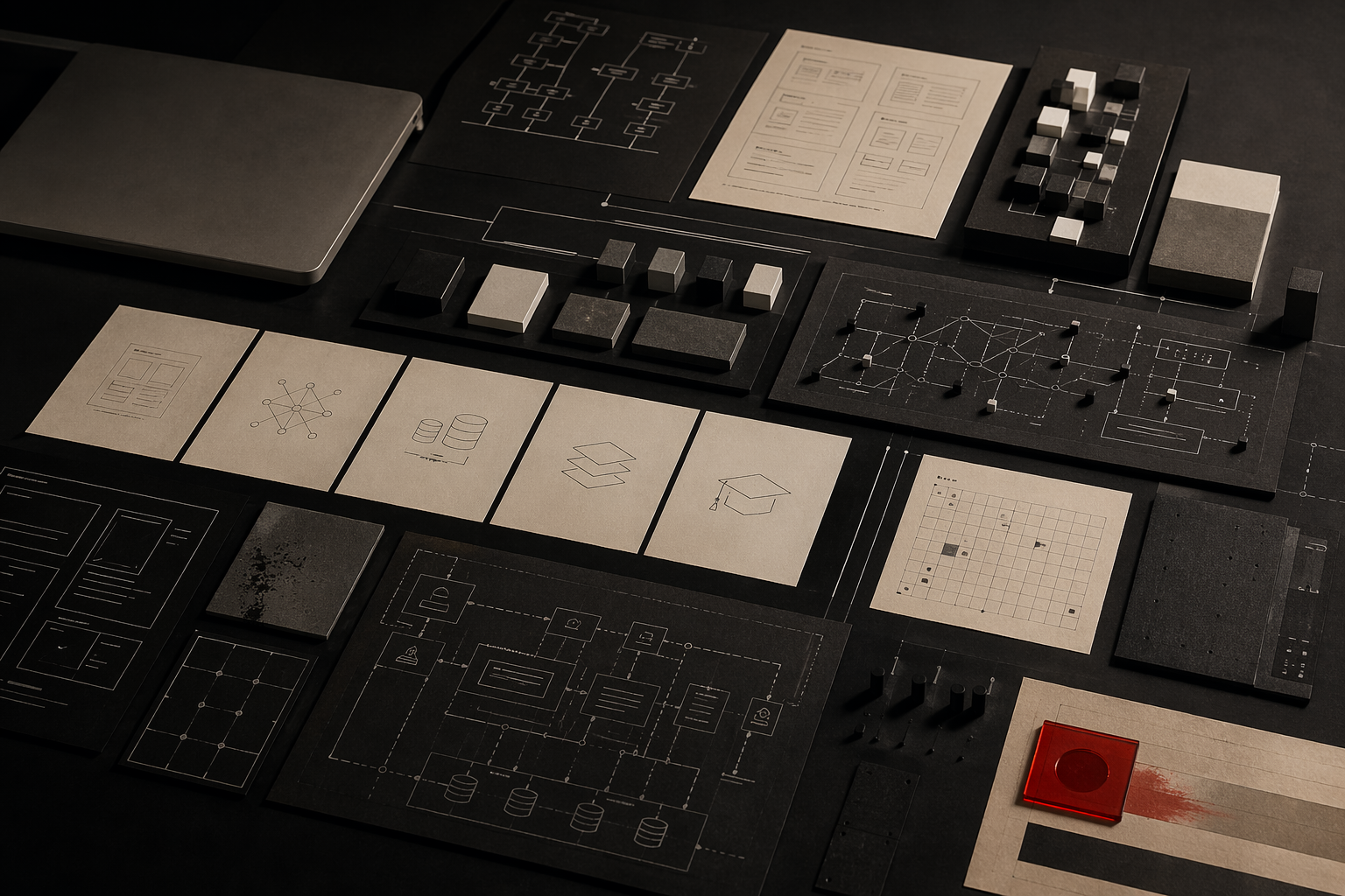 Workbench editorial com sistemas web, IA aplicada e componentes de arquitetura digital