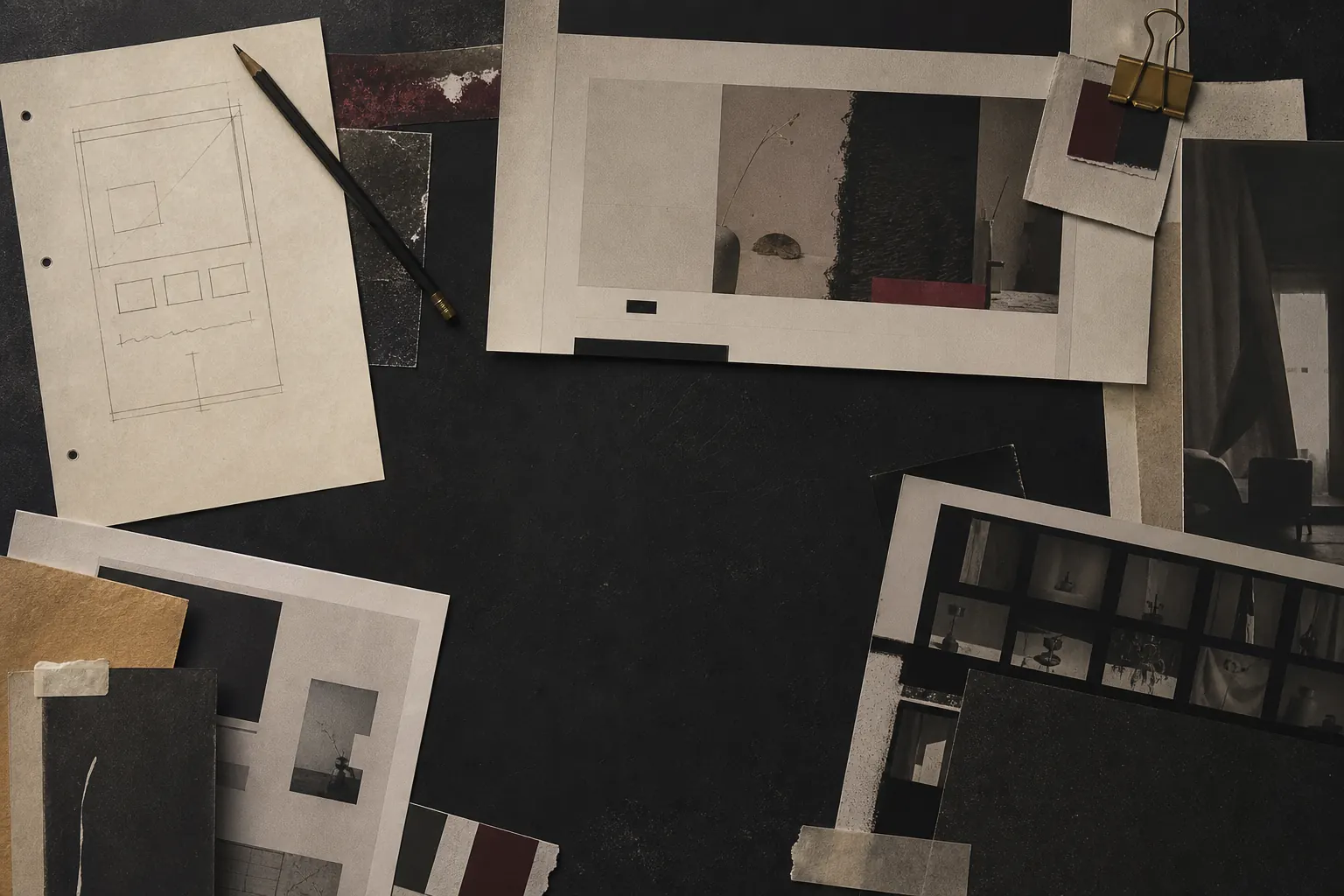 Colagem editorial com sketches, recortes de interface, papéis e ferramentas de processo.